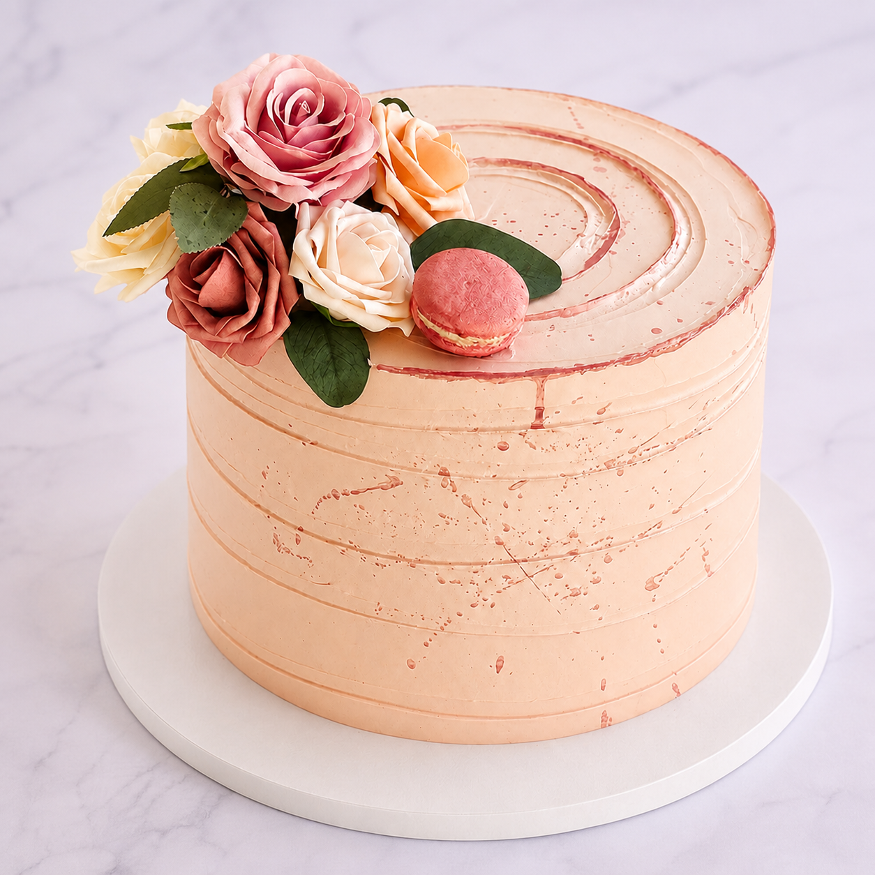 Peach custom cake decorated with handmade flowers and a pink macaron