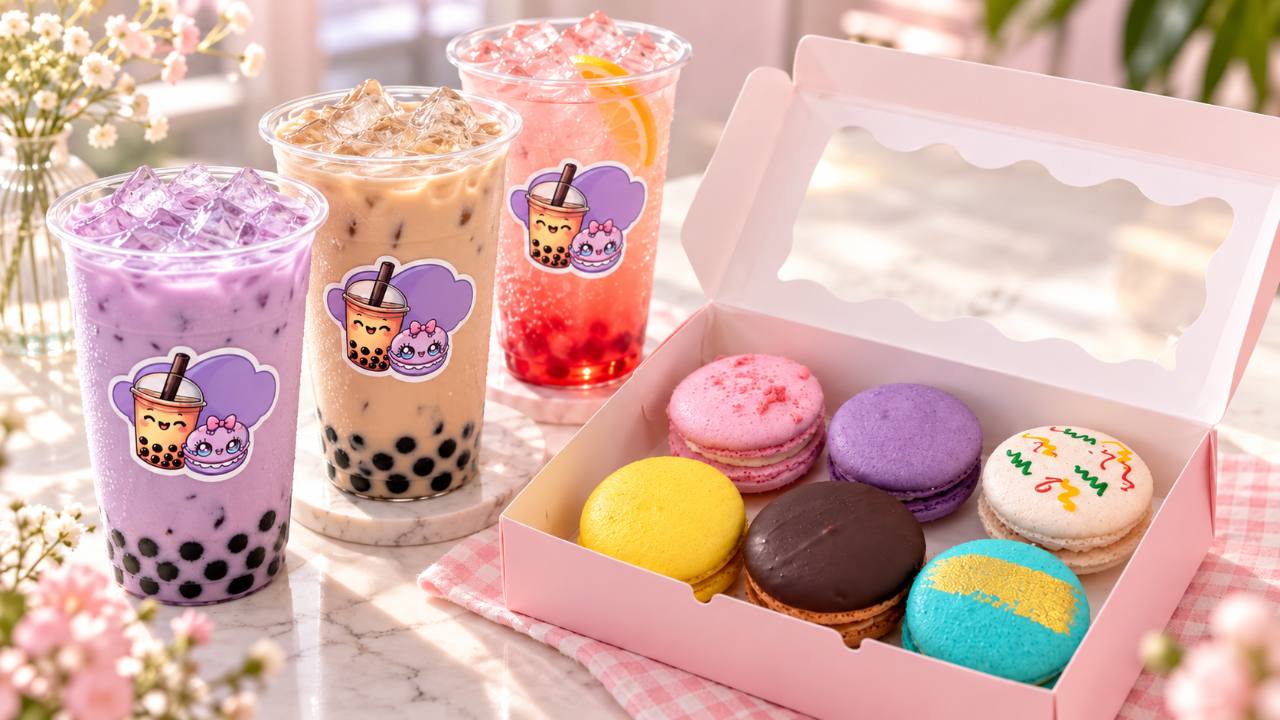 Dream House Cafe drinks beside a box of six colorful macarons