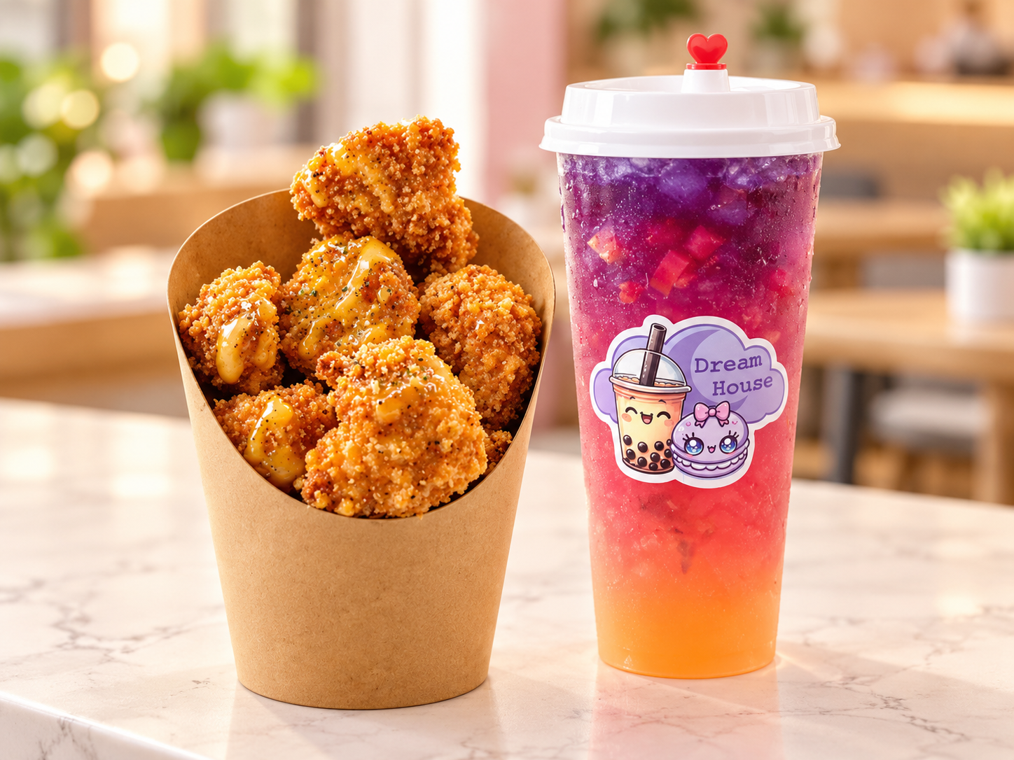 Popcorn chicken alongside a colorful Dream House Cafe drink