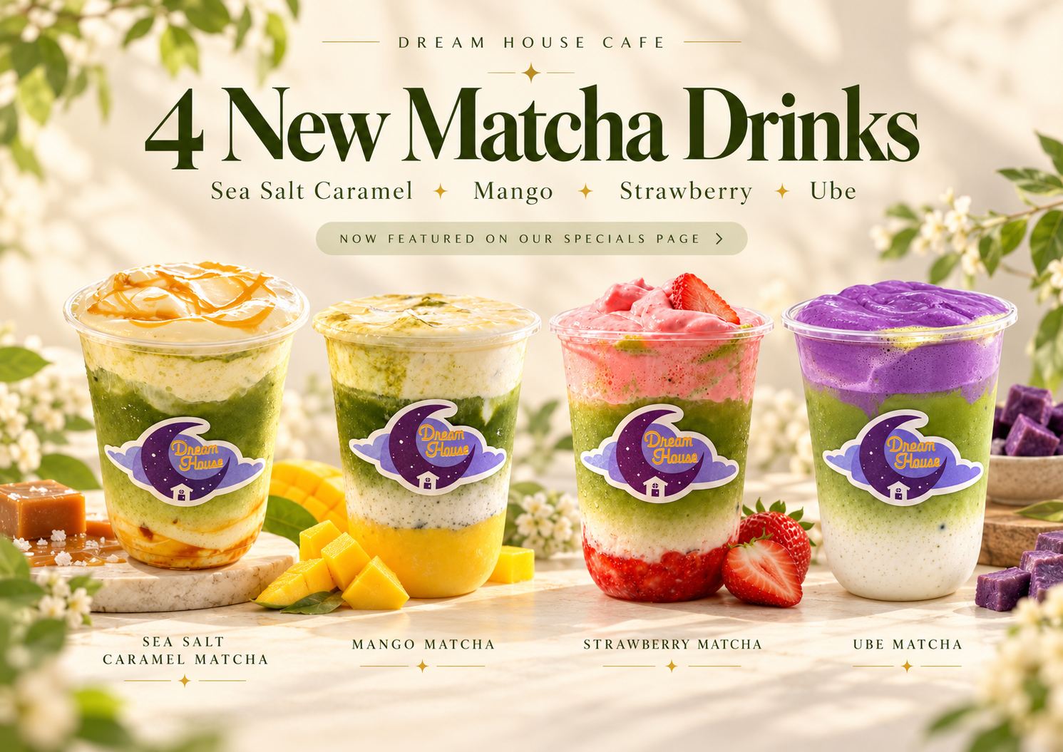 Sea Salt Caramel, Mango, Strawberry and Ube Matcha drinks at Dream House Cafe